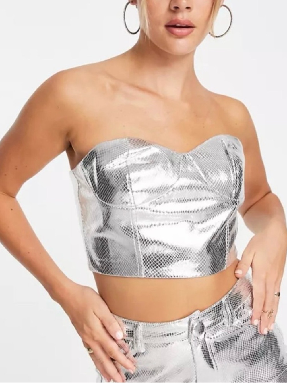 Strapless Metallic Silver Corset Crop Top - Shimmery Bustier